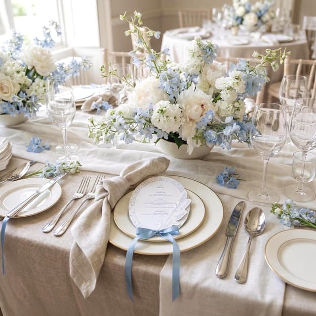 Wedding breakfast table set with dusty blue oval menus tied with blue bows on gold-rimmed plates, beneath a centrepiece of white peonies and blue delphiniums.