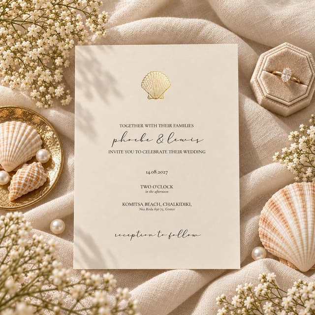 A cream-coloured wedding invitation card featuring a gold foil seashell icon at the top. The text reads: Together with their families, Phoebe & Lewis invite you to celebrate their wedding, 14.08.2027, two o'clock in the afternoon, Komitsa Beach, Chalkidiki, Nea Roda 630 75, Greece, reception to follow.