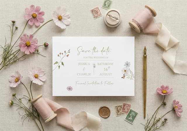 Pink floral save the date for Jessica & Charlie, Saturday 16th August, with watercolour wildflowers, styled with pink cosmos, vintage stamps, ribbon spools, a ring box and a gold dip pen.