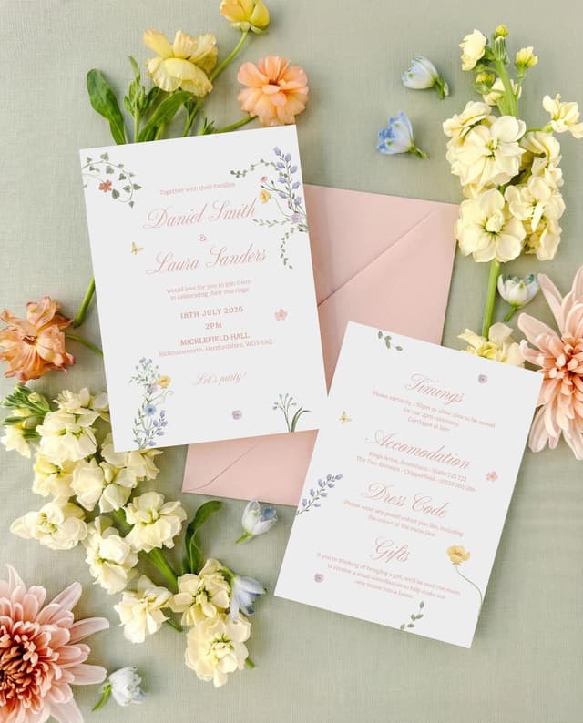Soft pastel floral invitation for Daniel Smith and Laura Sanders with a matching details card and blush pink envelope, among cream stocks and peach dahlias on a sage green backdrop.