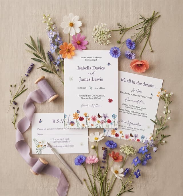 Watercolour wildflower invitation, details card and RSVP card for Isabella and James, with a meadow border and butterflies, laid among cosmos, cornflowers and lilac silk ribbon.