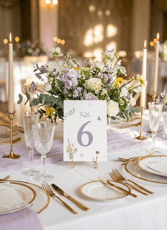 Wildflower meadow table number surrounded by pastel flowers, gold candlesticks and crystal glasses