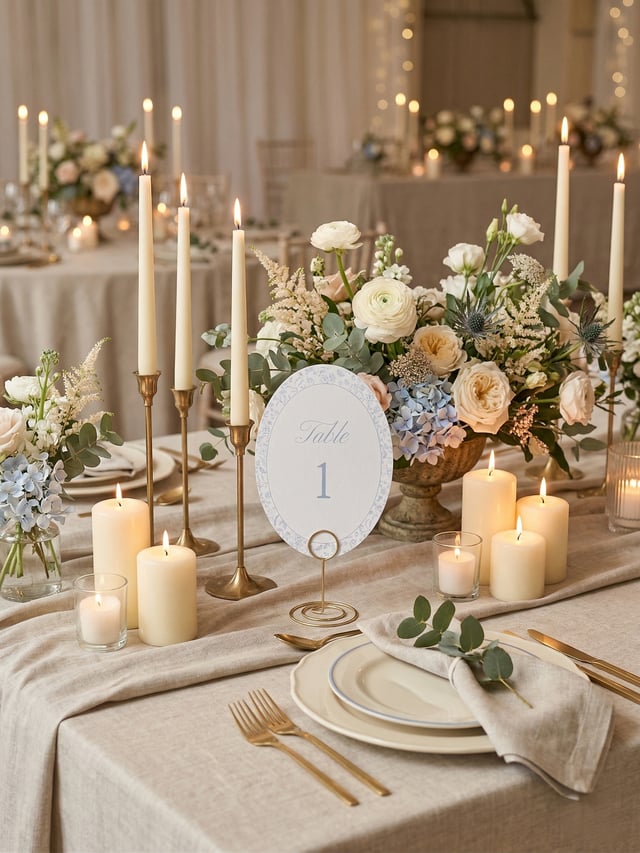 Blue floral oval wedding table number styled with cream roses, blue hydrangeas and candles in gold holders