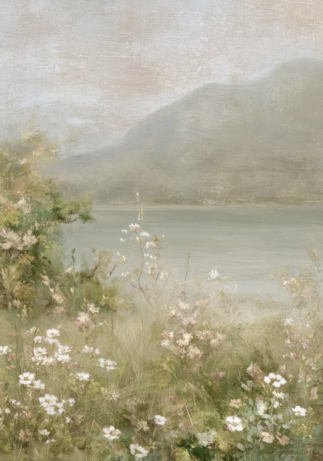 Painted landscape of a misty lake and mountains behind a meadow of white and pink wildflowers