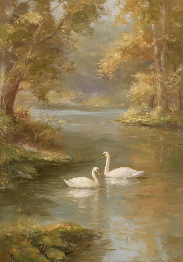 Two swans together on a golden woodland lake, painted in a soft romantic style