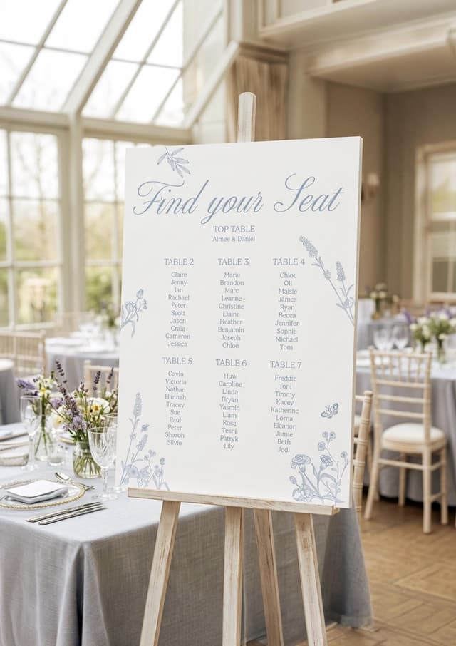 A wedding seating plan displayed on a wooden easel. The white sign features the words "Find your Seat" and table assignments with names, all in a soft blue hue. Floral decorations adorn the edges.