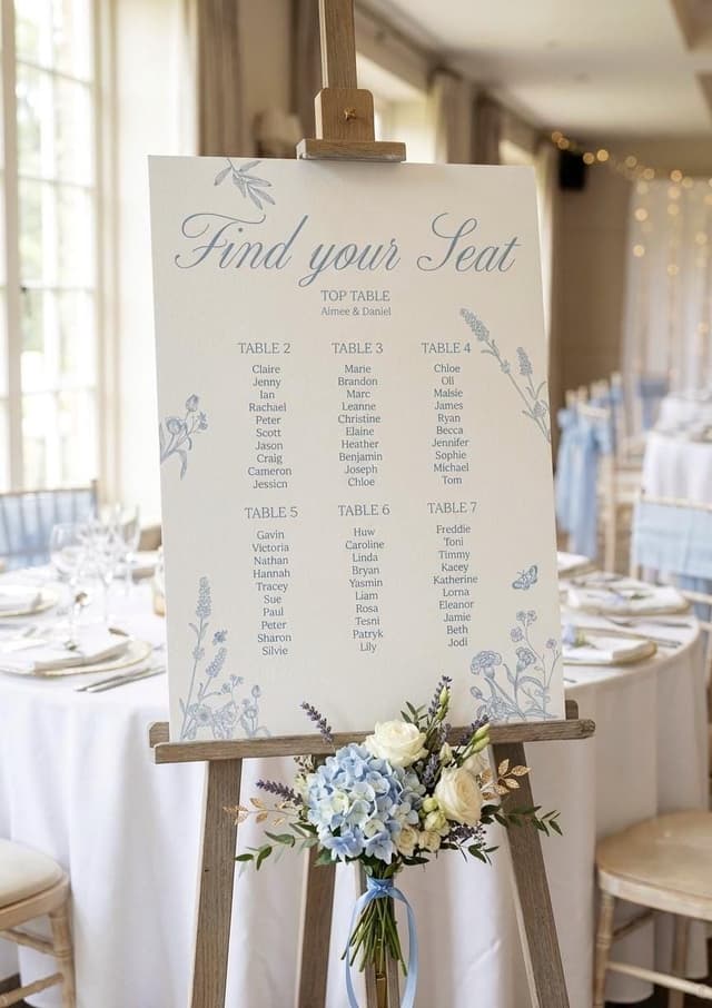 Blue floral wedding seating plan headed ‘Find your Seat’ on a wooden easel, with Aimee and Daniel on the top table and guest names listed under tables 2 to 7, a posy of blue hydrangeas and white roses tied to the easel