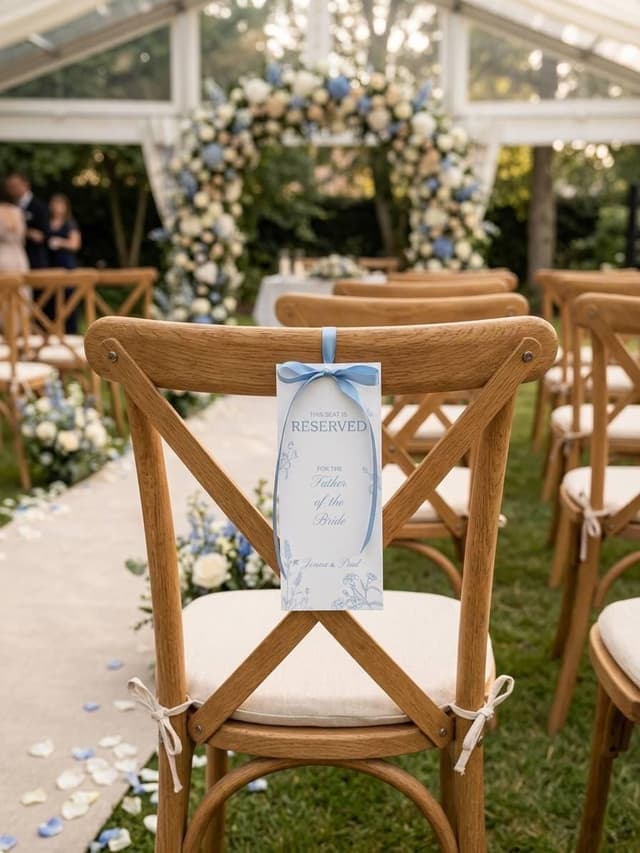 Blue wildflower tag reading This Seat Is Reserved for the Father of the Bride, tied with a dusty blue bow to an oak cross-back chair facing a blue and white floral arch.