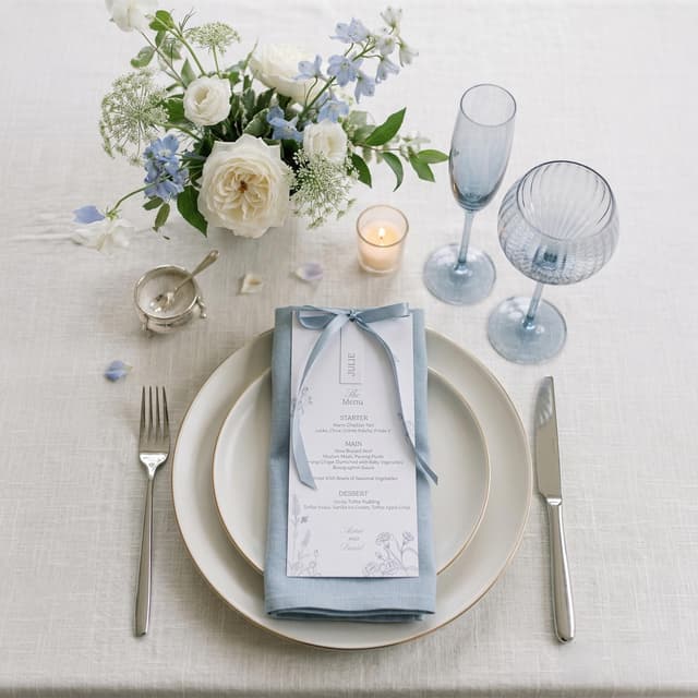 A place setting featuring a white plate, a light blue linen napkin tied with a matching ribbon, and a printed menu card. The setting includes a silver fork, a silver knife, a blue champagne flute, a blue ribbed glass, and a candle.