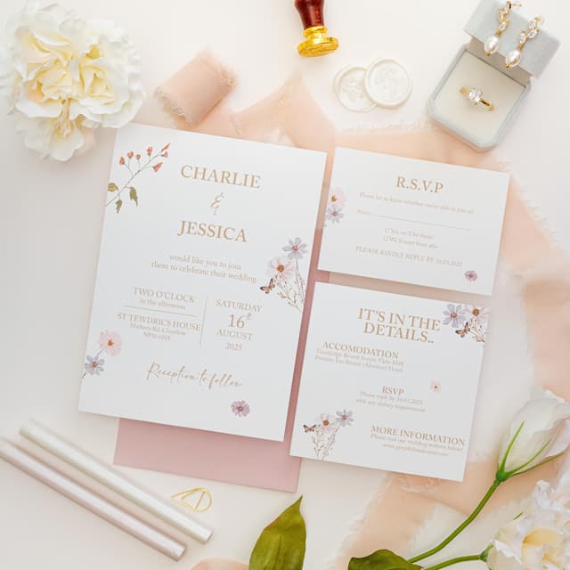 A wedding invitation suite with a main invitation, RSVP card, and details card. The stationery is white with floral accents in pink and purple. The main invitation reads "Charlie & Jessica" and includes event details.