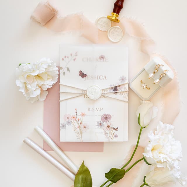 Grace wildflower wedding invitation suite wrapped in a translucent vellum jacket, tied with natural twine and closed with a pearl floral wax seal, on a dusty pink envelope beside peach silk ribbon, pearl wax sticks, a wax seal stamp and a ring box