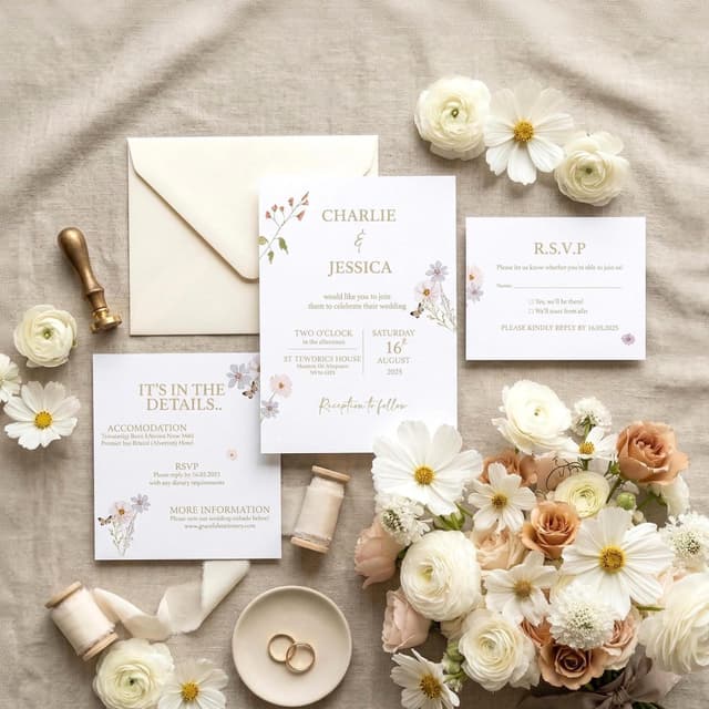 Grace wildflower wedding invitation suite for Charlie and Jessica laid out on linen: the main invitation, an ‘It’s in the details’ card, an RSVP card and an ivory envelope, with white cosmos, ranunculus, peach roses, ribbon spools and gold wedding rings
