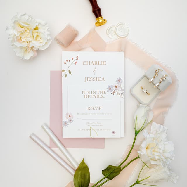 Assembled Grace wildflower wedding invitation suite stacked largest to smallest, with the Charlie and Jessica invitation at the back, the details card in the middle and the RSVP card at the front, held together with a gold clip on a dusty pink envelope