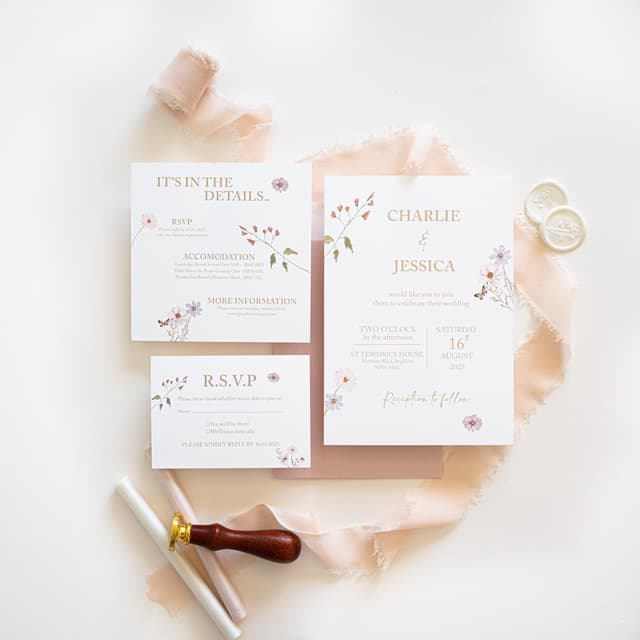 Grace wildflower RSVP card asking guests to tick ‘Yes, we’ll be there!’ or ‘We’ll toast from afar’, beside a square details card and the main invitation for Charlie and Jessica on a dusty pink envelope, with peach silk ribbon and ivory wax seals