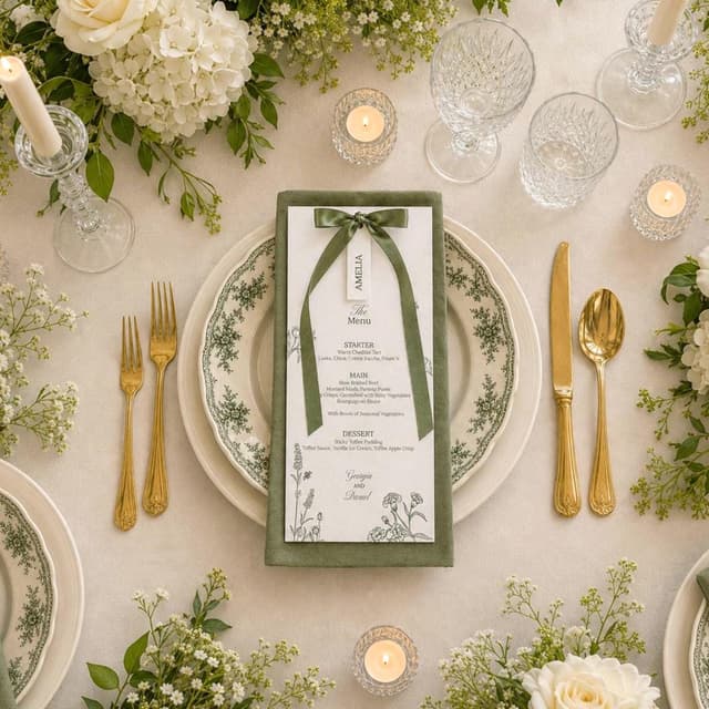 Olive green botanical wedding menu tied with a satin bow and name card on a place setting
