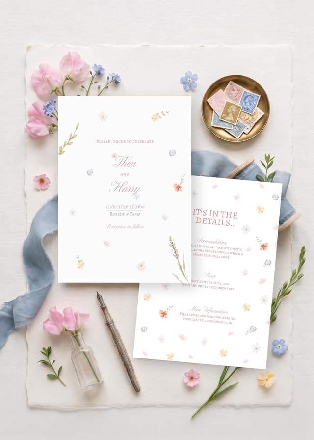 Pastel wildflower wedding invitation for Thea and Harry with a matching details card on handmade paper, beside a silver fountain pen, a brass dish of vintage stamps, sweet peas, forget-me-nots and dusty blue silk ribbon