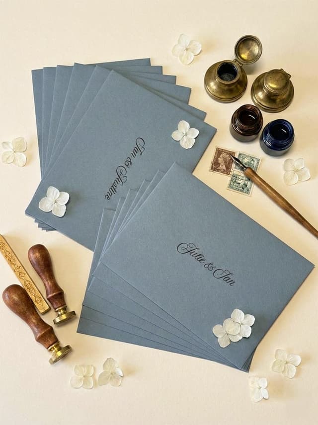 Dusty blue envelopes printed with guest names in black script, fanned out with white hydrangea petals, brass inkwells, a dip pen, vintage stamps and wax seal stamps.