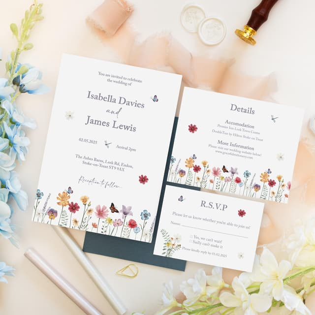 Wedding invitation featuring a floral design. The invitation is white with purple text and includes the names Isabella Davies and James Lewis. The date is 02.05.2025 and the location is The Ashes Barns, Leek Rd, Endon, Stoke-on-Trent ST9 9AX. The invitation also includes an RSVP card.