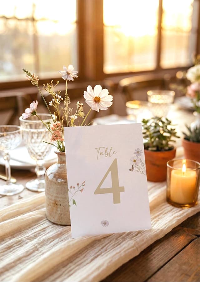 Wildflower table number 4 in gold with pink and lilac watercolour flowers, propped against a stoneware vase of cosmos on a cheesecloth runner by candlelight.